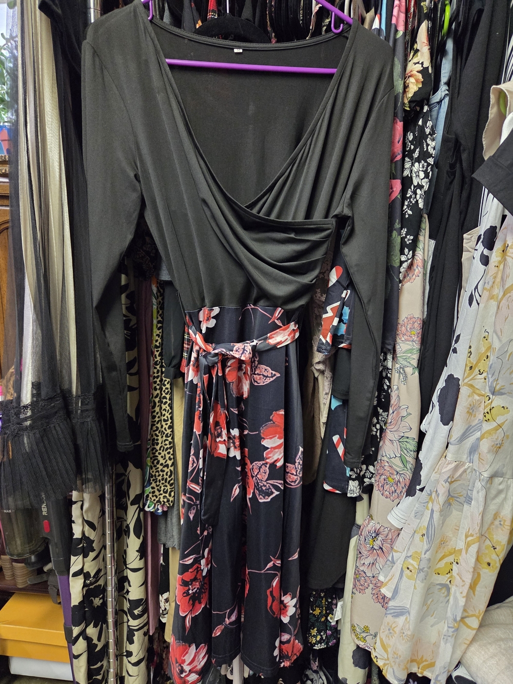 SHEIN Black Dress with Red Floral Wrap Skirt, Long Sleeve
